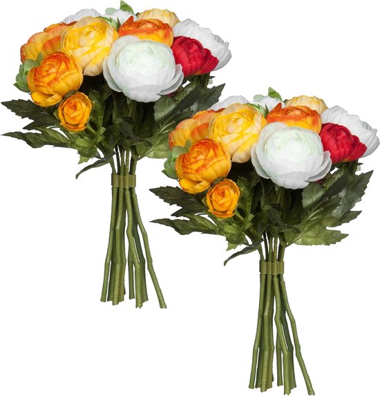 Mica Decorations Kunstbloemen boeket ranonkels - 2x - oranje/rood - 22 cm - decoratie bloemen