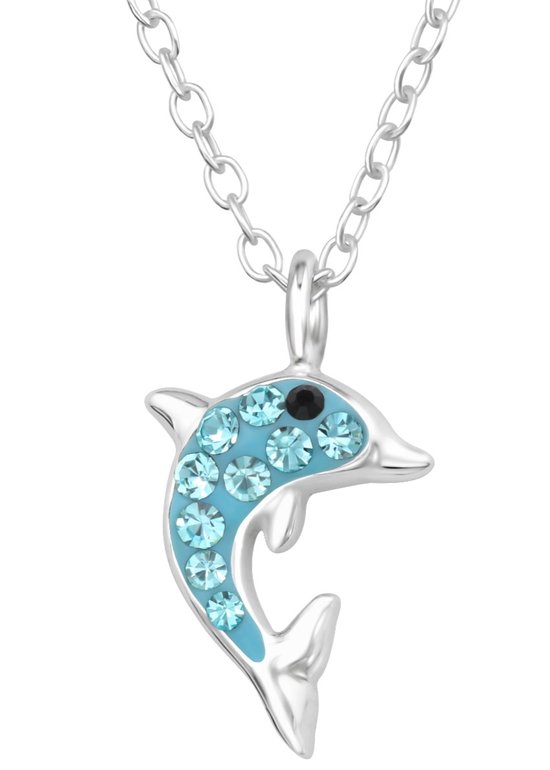 Joy|S - Zilveren dolfijn hanger met ketting - blauw kristal - voor kinderen