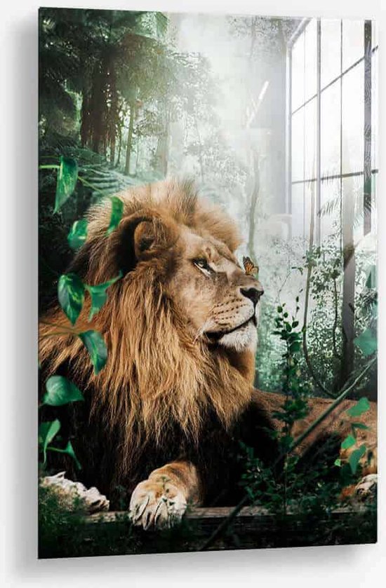 Wallfield™ - Lion des Forêts | Peinture sur verre | Verre trempé | 40 x 60 cm | Système de suspension magnétique