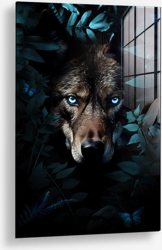 Wallfield™ - Jungle Wolf | Glasschilderij | Muurdecoratie / Wanddecoratie | Gehard glas | 40 x 60 cm | Canvas Alternatief | Woonkamer / Slaapkamer Schilderij | Kleurrijk | Modern / Industrieel | Magnetisch Ophangsysteem