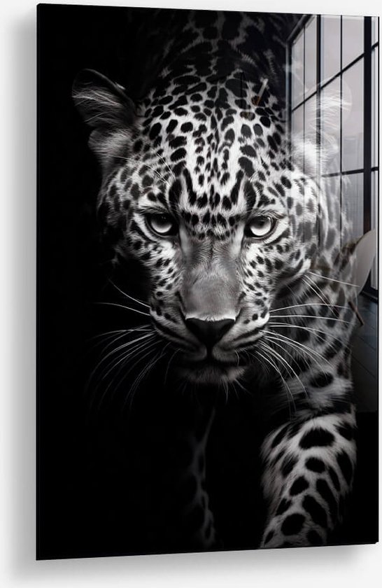 Wallfield™ - Leopard Black II | Glasschilderij | Muurdecoratie / Wanddecoratie | Gehard glas | 40 x 60 cm | Canvas Alternatief | Woonkamer / Slaapkamer Schilderij | Kleurrijk | Modern / Industrieel | Magnetisch Ophangsysteem