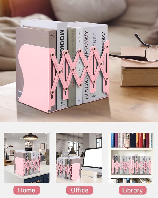 DIFIT Boekensteun, verstelbare boekensteunen, metalen boekensteunen, 2 stuks boekenhouders, verstelbare boekensteun, boekensteun voor plank, imitatiehout, metaal, voor bureau
