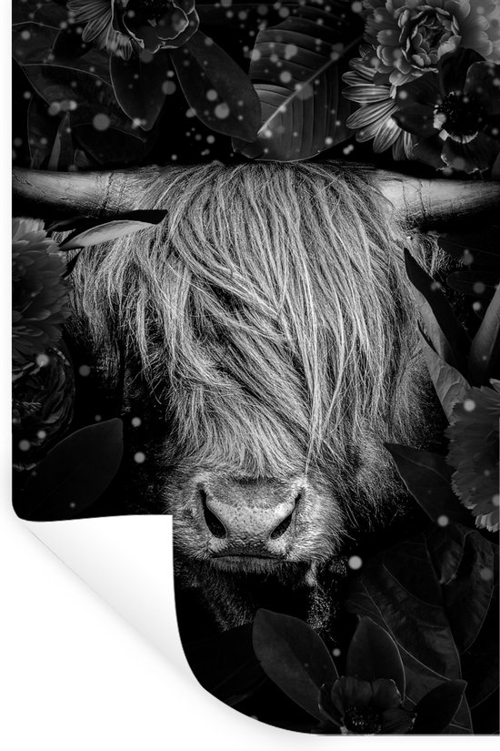 Muurstickers - Sticker Folie - Botanische Schotse hooglander met lichtbollen op verduisterde achtergrond - zwart wit - 20x30 cm - Plakfolie - Muurstickers Kinderkamer - Zelfklevend Behang - Zelfklevend behangpapier - Stickerfolie