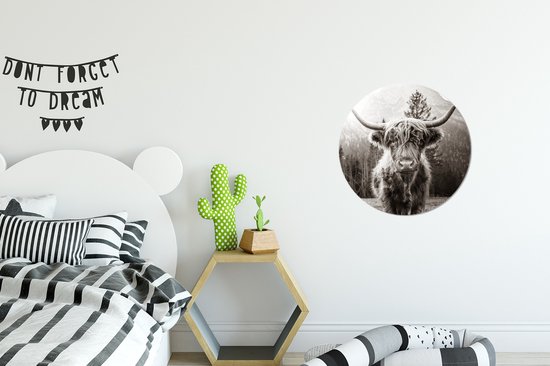 Wallpaper Circle - Scottish Highlander - Animaux - Zwart - Wit - ⌀ 30 cm - Wall Circle