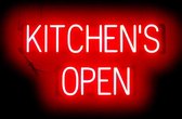 KITCHEN'S OPEN - Lichtreclame Neon LED bord verlicht | SpellBrite | 76 x 38 cm | 6 Dimstanden - 8 Lichtanimaties | Reclamebord neon verlichting