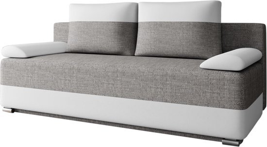 Slaapbank ATLANTA – 3-zits – Uitklapbaar tot tweepersoonsbed – Sofa Set - Met Opbergruimte en Binnenvering – Geweven stof en kunstleer – Grijs + Wit