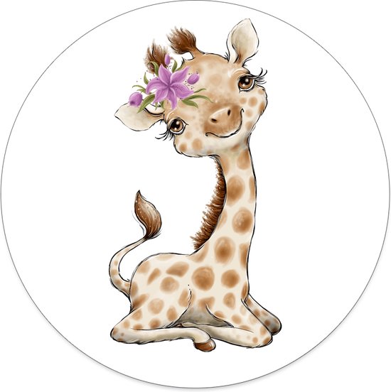 Label2X - Muurcirkel kids giraffe meisje - 80 cm - Dibond - Multicolor - Wandcirkel - Rond Schilderij - Muurdecoratie Cirkel - Wandecoratie rond - Decoratie voor woonkamer of slaapkamer