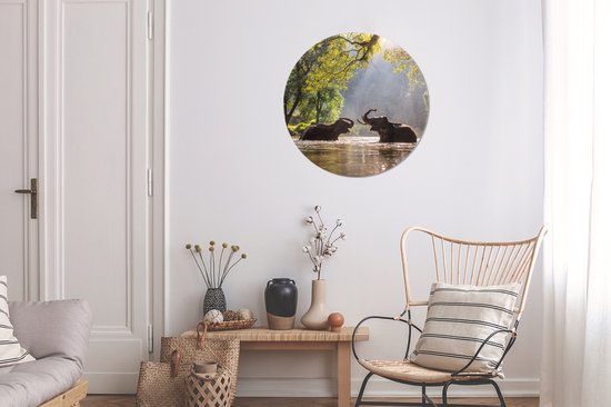 Cercle de papier peint - Éléphants qui jouent - 80x80 cm - Cercle mural - Autocollant - Sticker papier peint