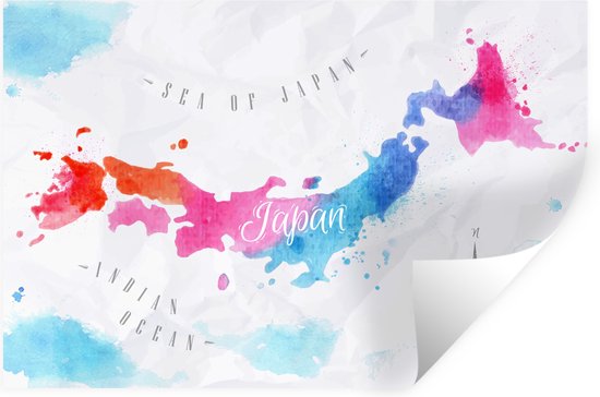Muurstickers - Sticker Folie - Kaart - Kleur - Japan - 90x60 cm - Plakfolie - Muurstickers Kinderkamer - Zelfklevend Behang - Zelfklevend behangpapier - Stickerfolie