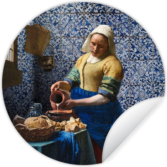 WallCircle - Muurstickers - Behangcirkel - Melkmeisje - Delfts Blauw - Vermeer - Schilderij - Oude meesters - 80x80 cm - Muurcirkel - Zelfklevend - Ronde Behangsticker