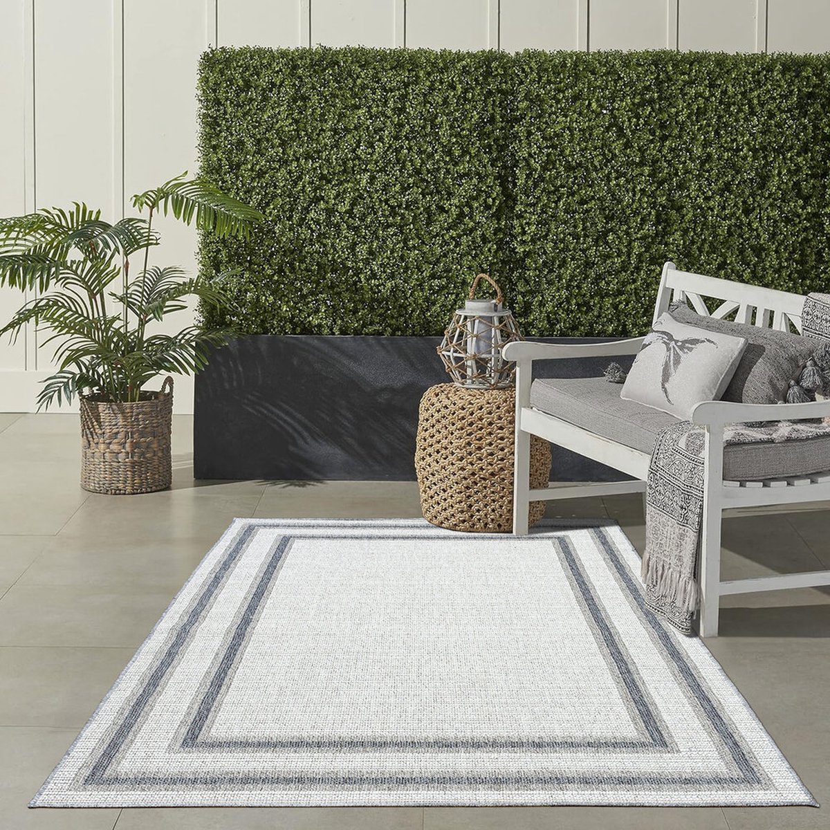 Flycarpets Belize Vloerkleed / Buitenkleed - Binnen & Buiten - Crème / Grijs - Laagpolig - Kader Motief - 200x290 cm