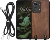 kwmobile Coque de téléphone en bois avec cordon pour OnePlus Nord 2T 5G Case - Coque en bois avec cordon téléphonique - marron foncé