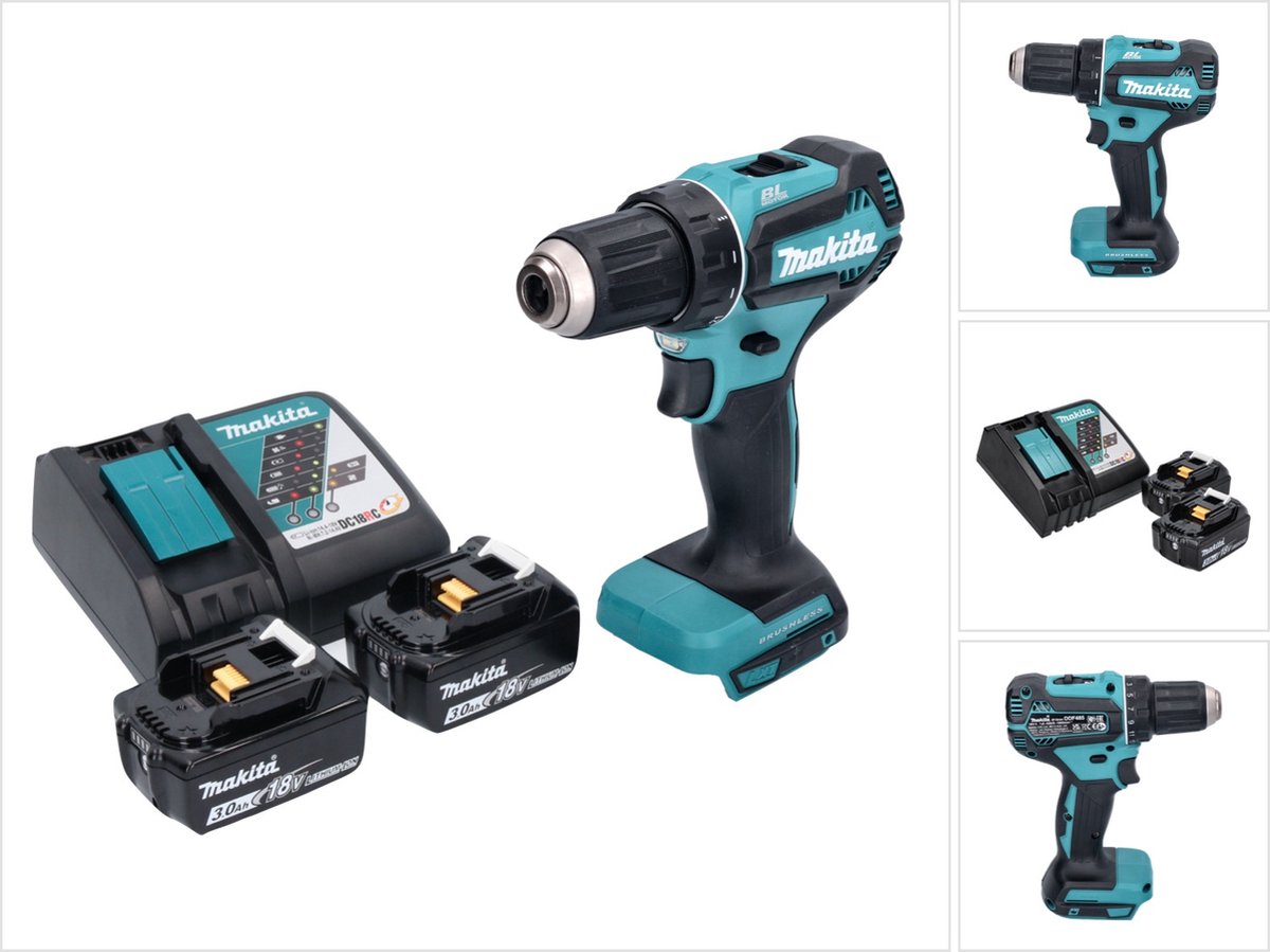 Makita DDF 485 RF accuboormachine 18 V 50 Nm borstelloos + 2x accu 3.0 Ah + lader