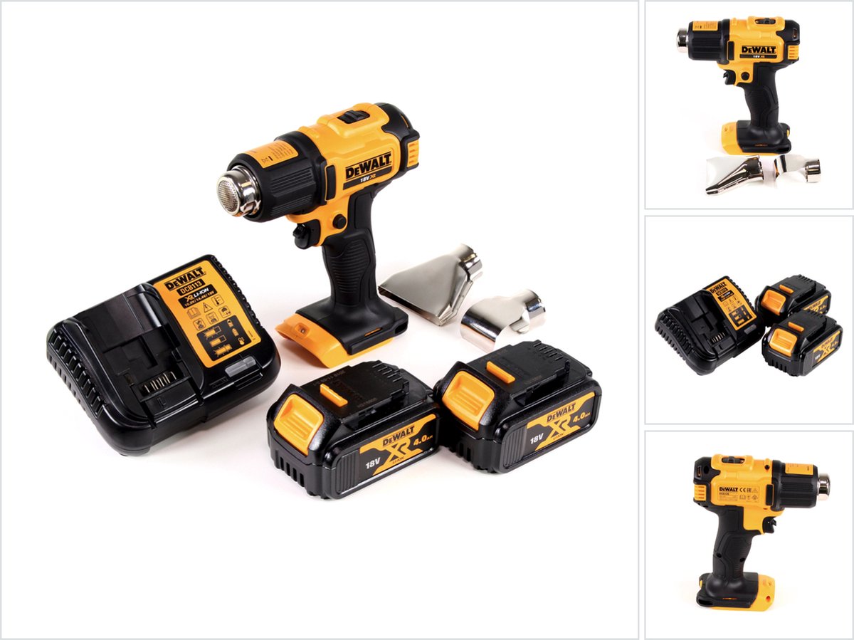 DeWalt DCE 530 M2 accu-heteluchtpistool 18V 530°C + 2x accu 4,0Ah + 1x oplader + vlak- en reflectormondstuk