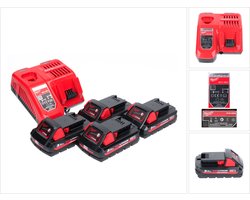 Milwaukee M18 NRG-304 Accu Startset High Output 4x 18 V 3.0 Ah / 3000 mAh Li-Ion accu ( 4x 4932471069 ) + M12-18FC lader ( 4932451079 )