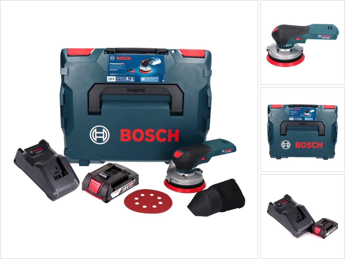 Bosch GEX 18V-125 Professional accu-excentrische schuurmachine 18 V 125 mm borstelloos + 1x accu 2,0 Ah + oplader + L-BOXX
