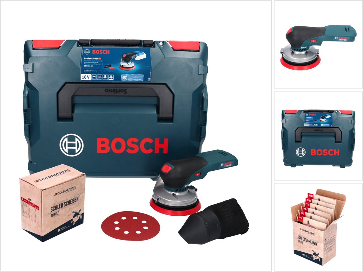 Bosch GEX 18V-125 Professional accu-excentrische schuurmachine 18 V 125 mm borstelloos + 1x Toolbrothers TURTLE schuurset + L-BOXX - zonder accu, zonder oplader
