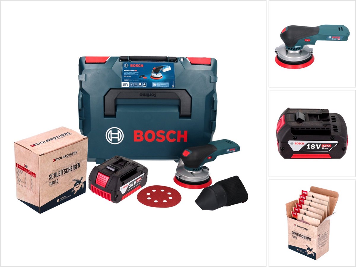 Bosch GEX 18V-125 Professional accu-excentrische schuurmachine 18 V 125 mm borstelloos + 1x accu 5,0 Ah + 1x Toolbrothers TURTLE schuurset + L-BOXX - zonder oplader