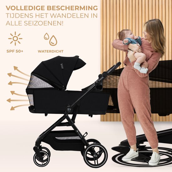 Kinderkraft YOXI - 2-in-1 Kinderwagen - Geschikt van geboorte tot 27 kg - Verstelbare rugleuning en voetensteun - Opvouwbaar en lichtgewicht - Inclusief regenscherm, voetenzak, muggennet, bekerhouder en luiertas - Duurzame, lekvrije wielen - Zwart van Kinderkraft — afbeelding 5