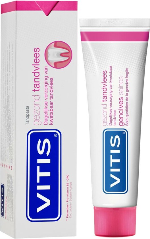 Vitis Tandpasta "Gezond tandvlees" in kartonnen verpakking en tube met roze dop. Met tand- en tandvleesafbeelding.