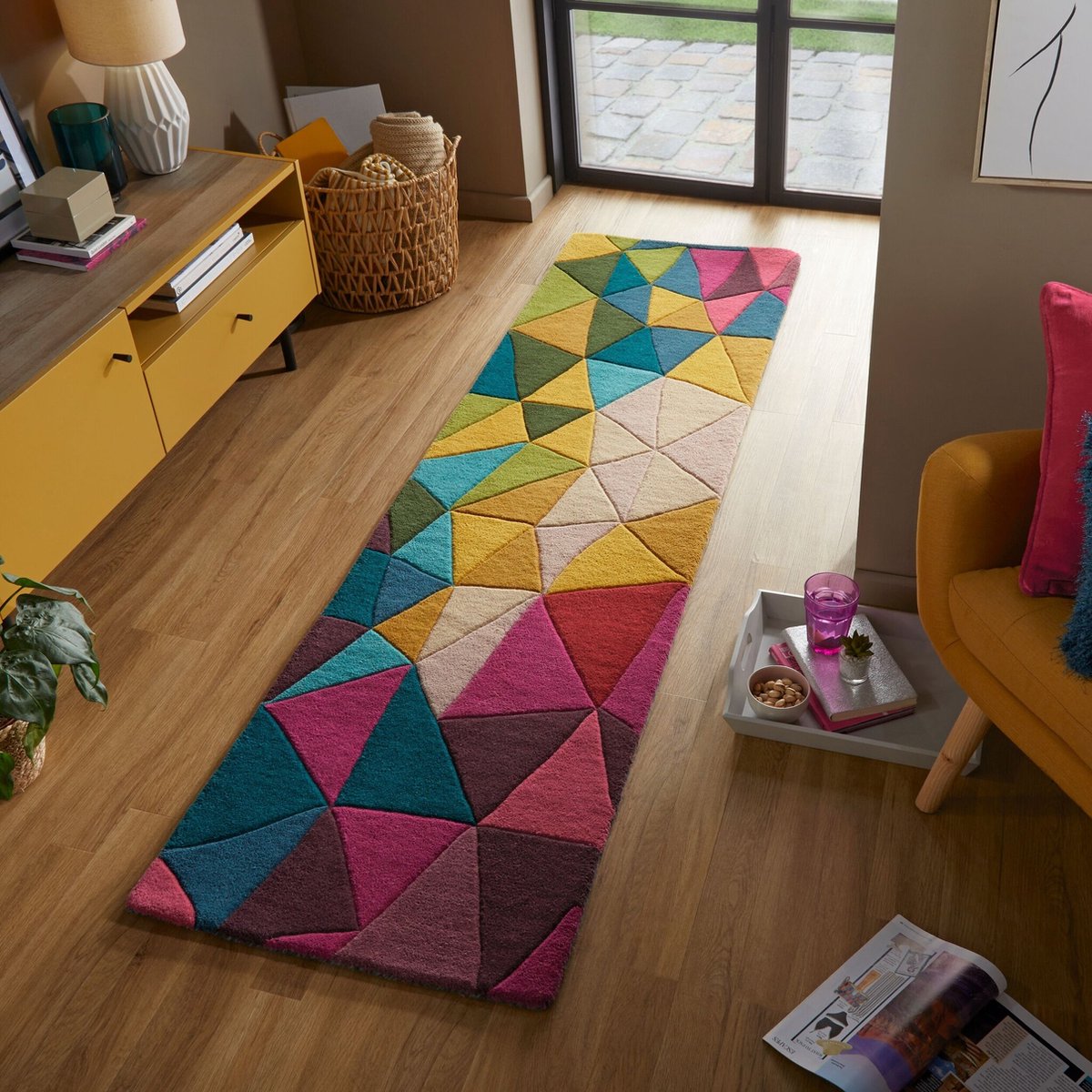 flycarpets Loper Falmouth Modern Laagpolig - 100% Wol - Geo Vloerkleed - Multi - 60x230 cm