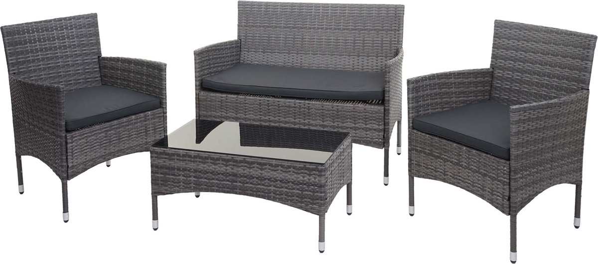Poly-rattan set MCW-F55, balkon/tuin/lounge set Zitgroep ~ grijs, donkergrijze kussens