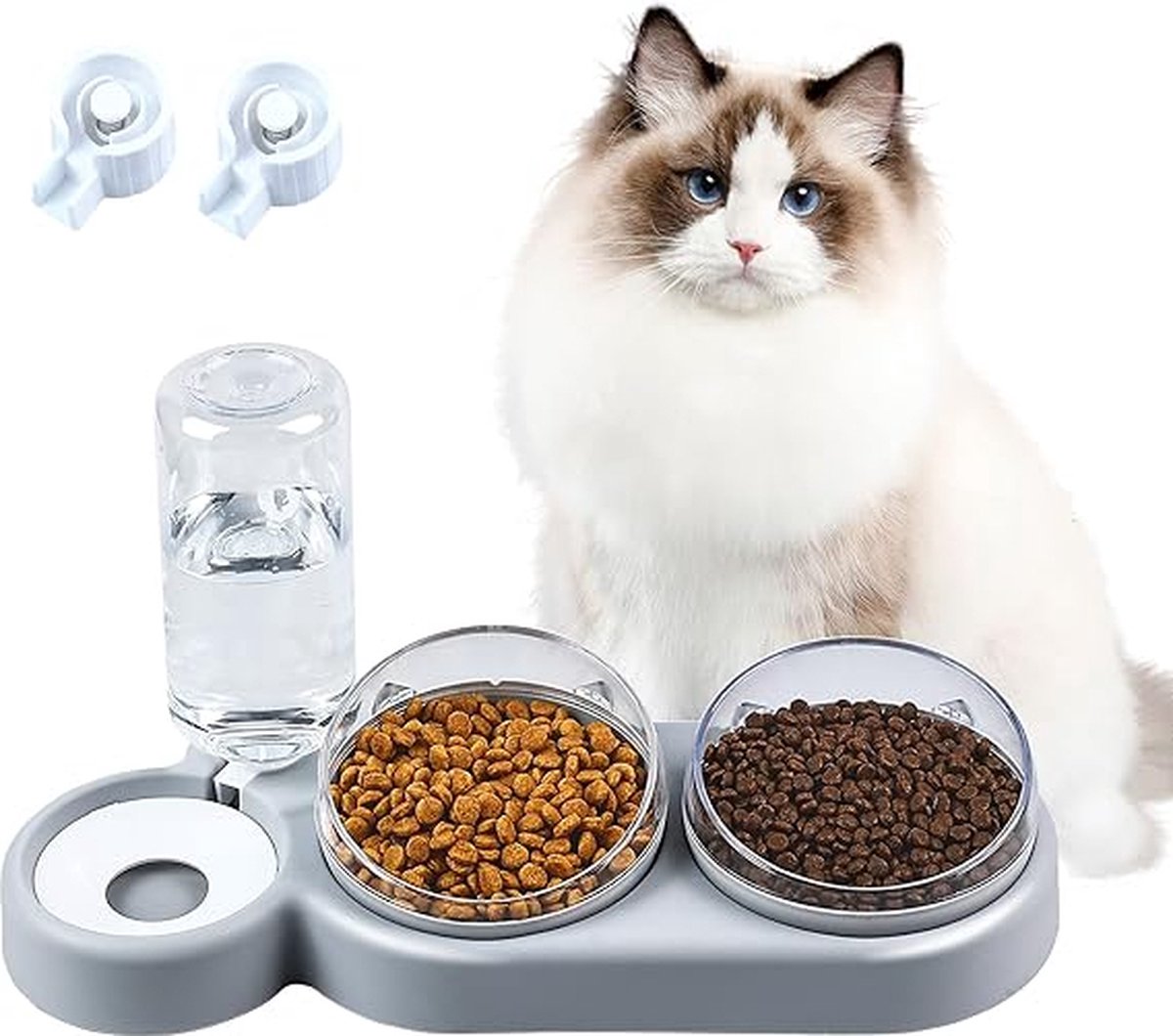 Voerbak voor katten, 3-in-1 voerbak, voerbak voor katten met standaard 15 ° gekanteld, afneembare voerbak voor katten en honden, anti-morsen en verstelbaar, voerbak voor katten en puppy's, drinkbak (grijs)