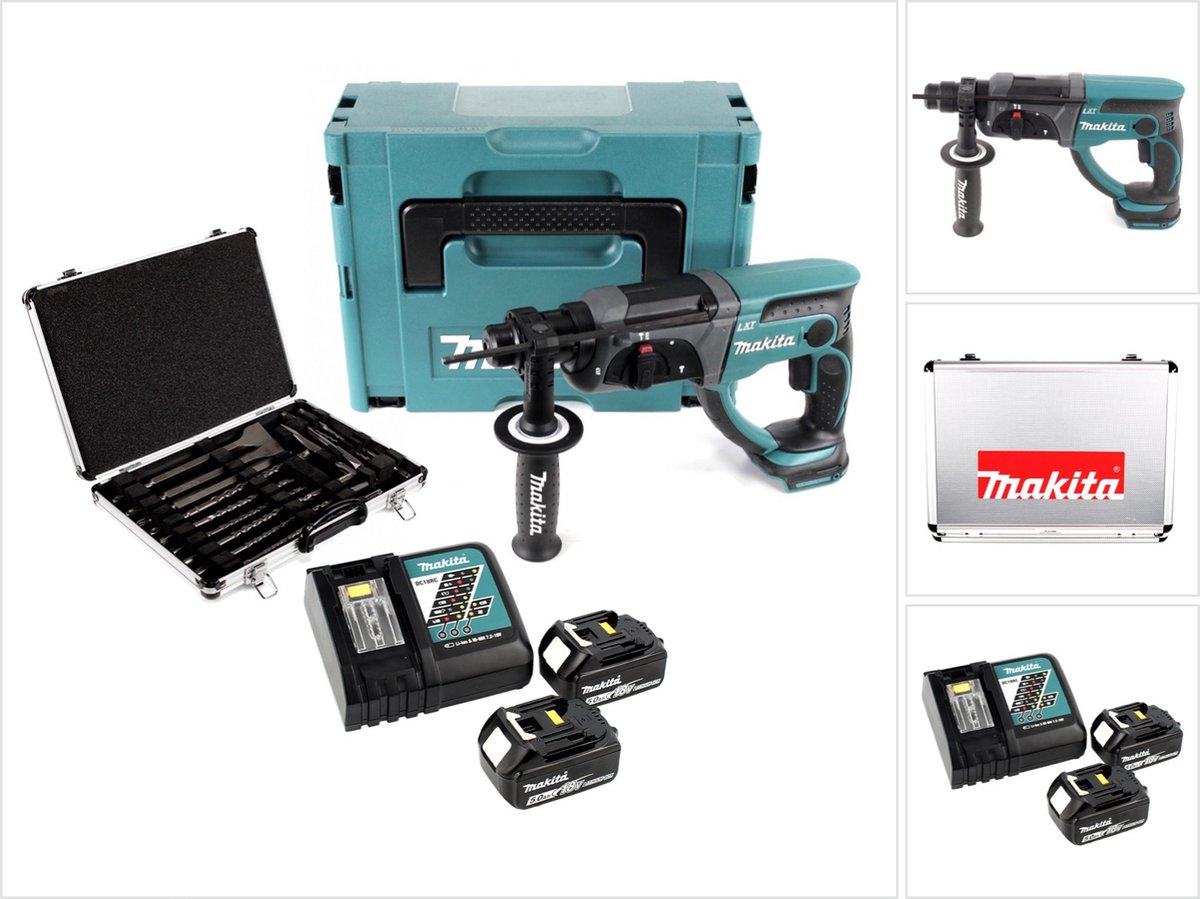 Makita DHR 202 RTJ 18 V snoerloze combihamer SDS-Plus in Makpac + 2x 5.0 Ah accu + DC18RC lader + D-42444 SDS-Plus boor- en beitelset 17-delig in aluminium koffer
