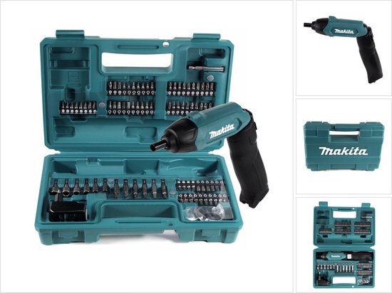 Set met turquoise koffer, schroevendraaier en 70 bits.