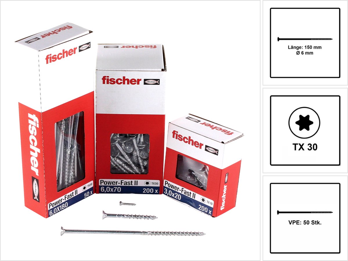 Fischer 50x Power-Fast II FPF II CTP 6 x 150 mm BC verzonken kop met binnenster TX30 deeldraad gegalvaniseerd blauw gepassiveerd - 670693