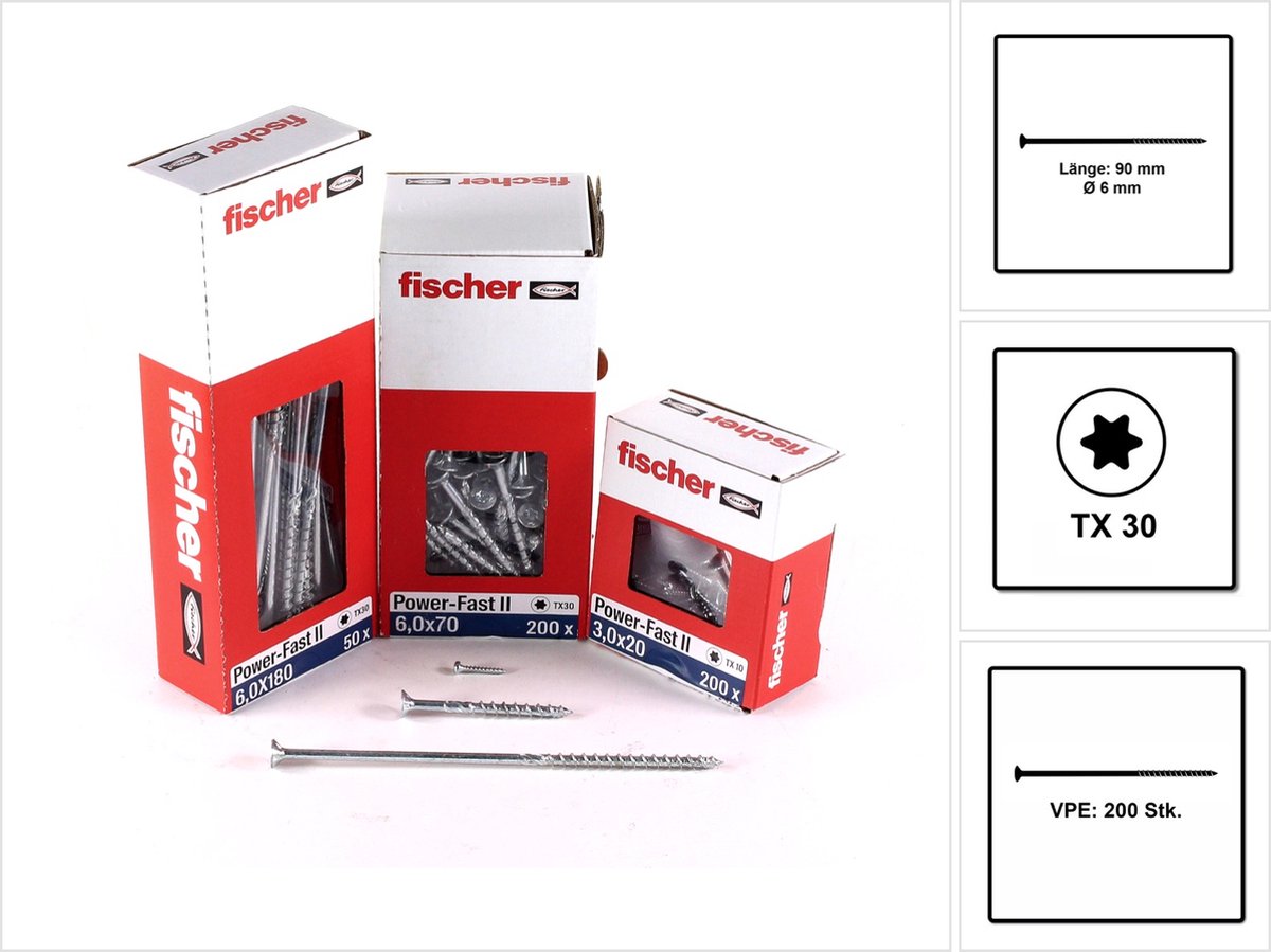 Fischer 200x Power-Fast II FPF II CTP 6 x 90 mm BC Senkkopf met binnenzesrond TX30 deel draad galvanisch verzinkt blauw gepassiveerd - 670647