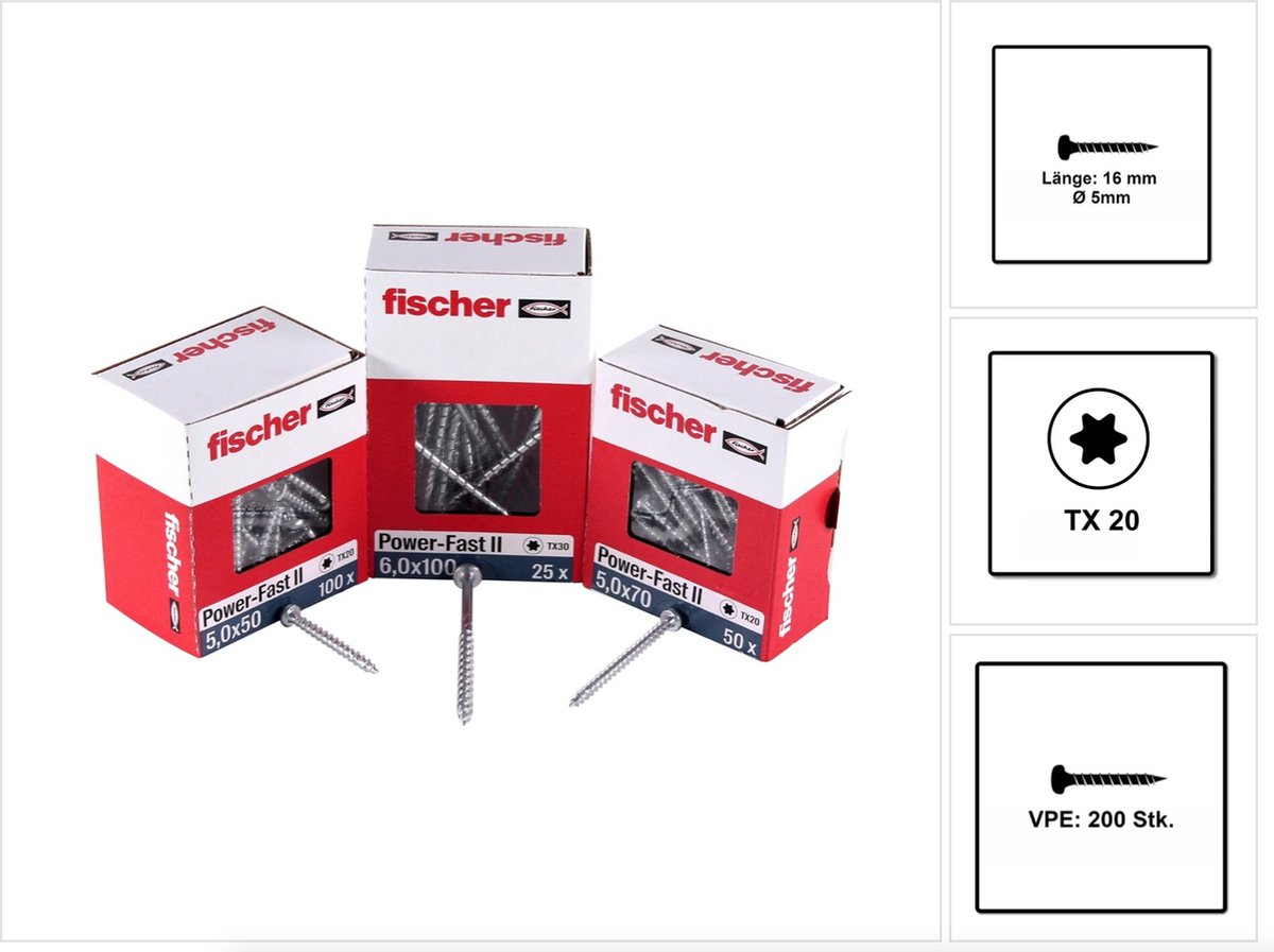 Fischer 200x Power-Fast II FPF II PTF 5 x 16 mm BC Pan Head met binnenzeskant TX20 volledig schroefdraad gegalvaniseerd blauw gepassiveerd - 670434