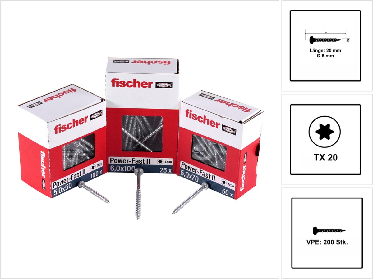 Fischer 200x Power-Fast II FPF II PTF 5 x 20 mm BC Pan Head met binnenzesrond TX20 volle schroefdraad gegalvaniseerd blauw gepassiveerd - 670435