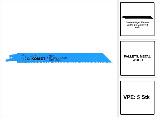 Komet reciprozaagblad PALLETS 200mm 8-12tpi 5 stuks (501.340) HSS bimetaal Vario