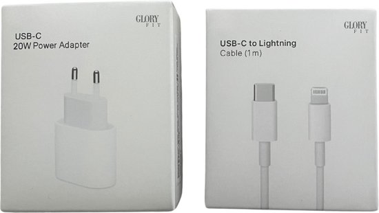 Lightning Kabel met Adapter 20W - iPhone Oplader - 1M Kabel met Adapter - Geschikt voor Apple - Oplader iPhone - iPhone lader - Glory Fit