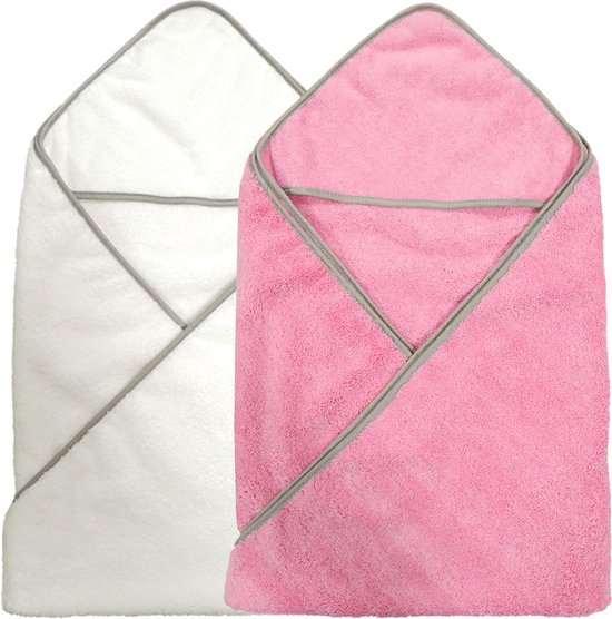 Premium microvezel badhanddoek met capuchon voor uw baby - hypoallergeen - 2-pack - roze/wit - 91,4 x 91,4 cm