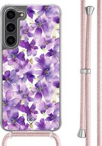 Casimoda® hoesje met rosegoud koord - Geschikt voor Samsung S23 Plus - Floral Violet - Afneembaar koord - TPU/polycarbonaat - Paars
