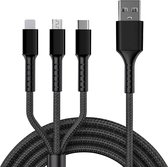 Bazzzy® Oplaadkabel 3 in 1 Zwart - Lightning/USB-C/MicroUSB 1.2m - Geschikt voor iPhone, iPad en Android apparaten