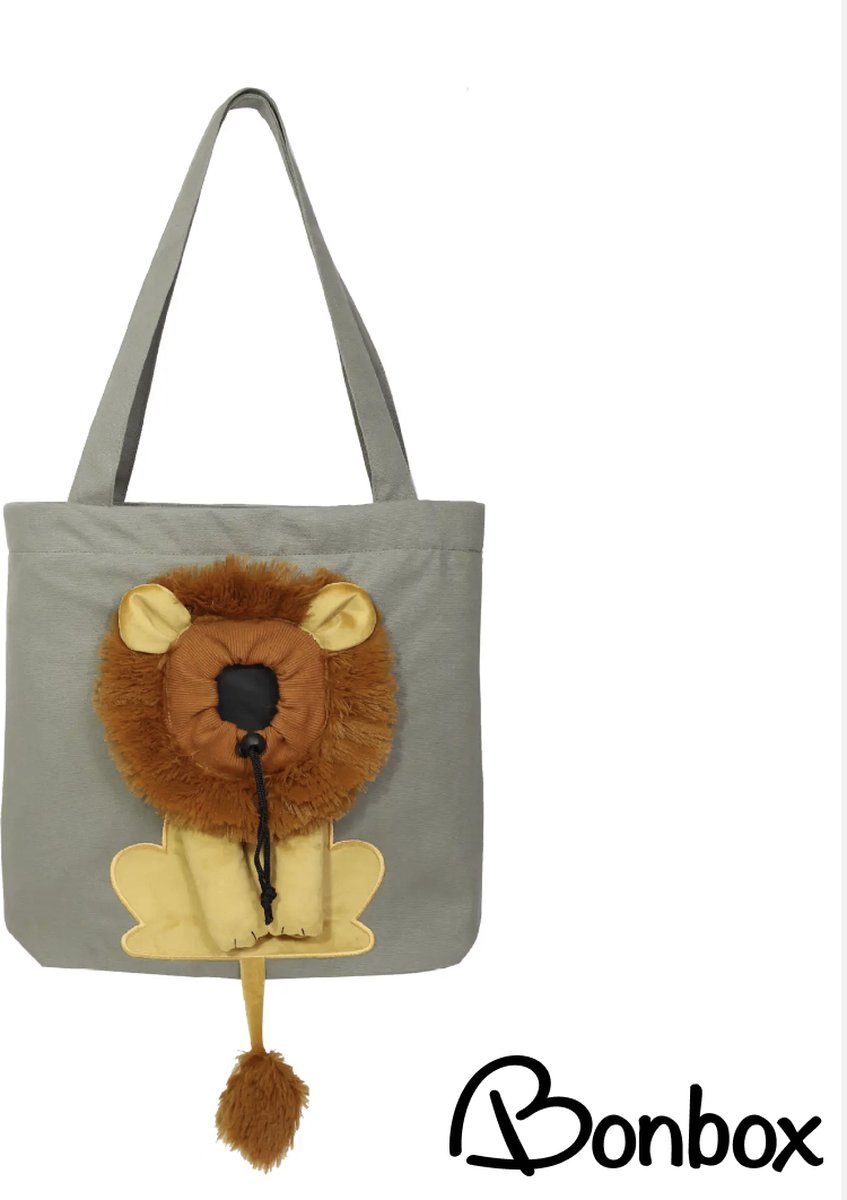 Kattendraagtas L grijs met leeuwenmotief - canvastas voor katten met sluiting - op stap met je kat - reistas kleine hond - draagzak - Bonbox Shop - Tot max 4.5 kg