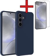 Hoesje Geschikt voor Samsung S24 Hoesje Siliconen Case Hoes Met Screenprotector - Hoes Geschikt voor Samsung Galaxy S24 Hoes Cover Case - Donkerblauw.