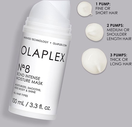 Fles Olaplex No.8 Bond Intense Moisture Mask met applicatie-instructies.