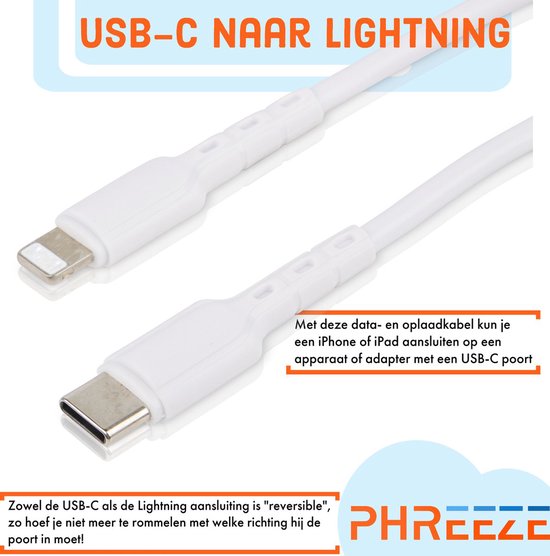 Twee witte USB-C naar Lightning kabels, beide met omkeerbare aansluitingen. Ideaal voor het aansluiten van iPhones en iPads op USB-C poorten.