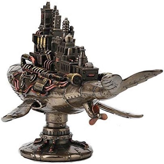 Steampunk walvis met fabrieksgebouwen, bronzen afwerking.