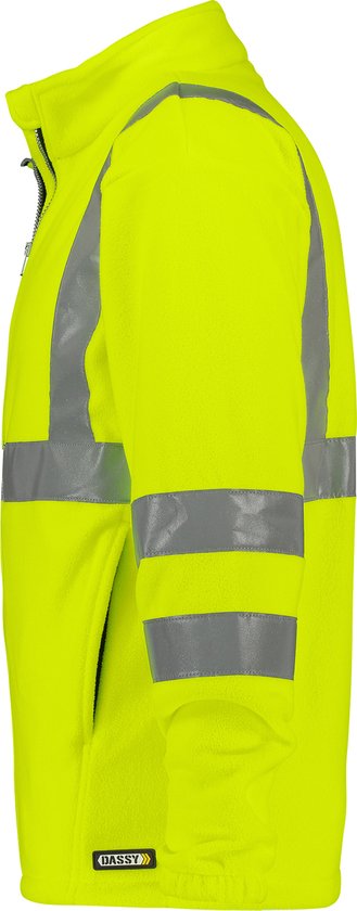 Gele fleece werkjas met rits, reflecterende banden over schouders en mouwen, DASSY logo op zijkant.