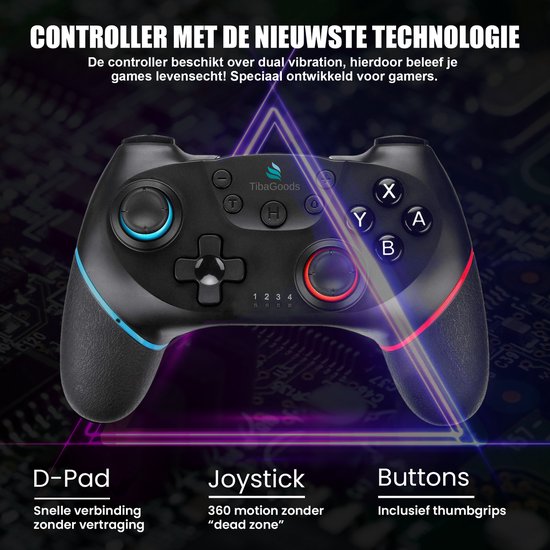TibaGoods Game Controller - Draadloze Controller - Geschikt voor Nintendo Switch - Inclusief 2 thumb grips - Zwart