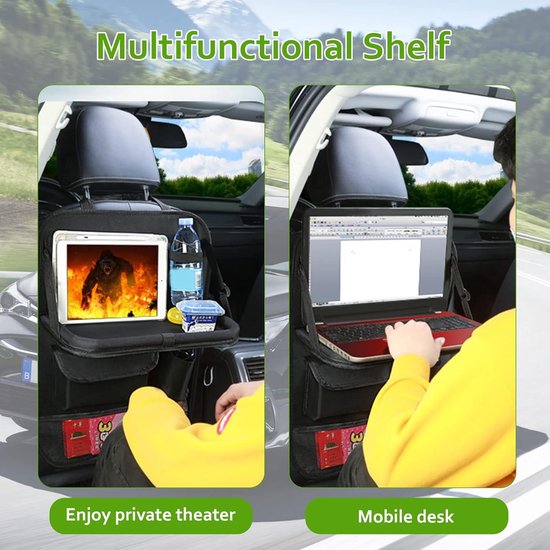 Yuragim Autositz Organizer, Auto Organizer Rücksitz mit Faltbarer Tisch, Wasserdicht Multifunktionale Rückenlehnenschutz Auto Kinder Rücksitz Organizer mit Durchsichtigem iPad/Tablet-Tasche & 2 Haken