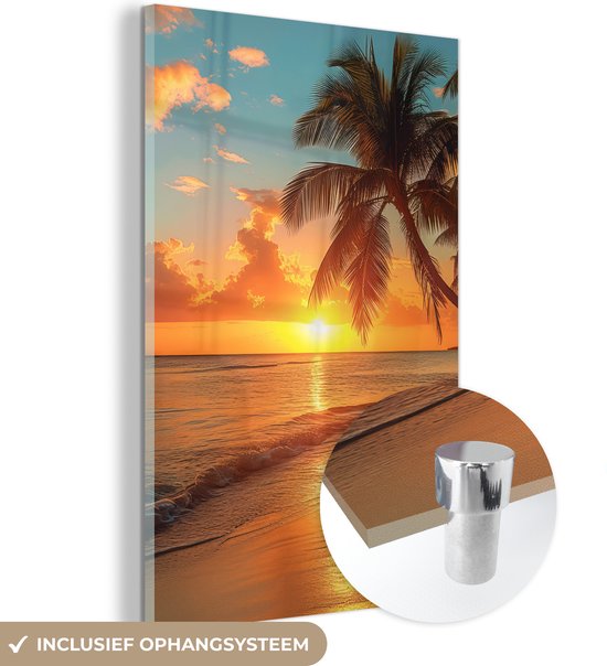 MuchoWow® Peinture sur verre 40x60 cm - Peinture sur verre acrylique - Coucher de soleil - Plage - Palmiers - Mer - Soleil - Photo sur verre - Décoration murale salon - Décoration murale chambre - Peintures