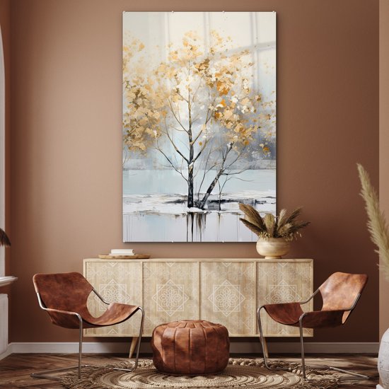 MuchoWow® Peinture sur verre 100x150 cm - Peinture sur verre acrylique - Hiver - Arbres - Nature - Acryl - Art - Photo sur verre - Décoration murale salon - Décoration murale chambre - Peintures