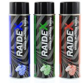 Drie spuitbussen schapenmarkeringsspray van Raidex: blauw, groen en rood, met schapenafbeelding.