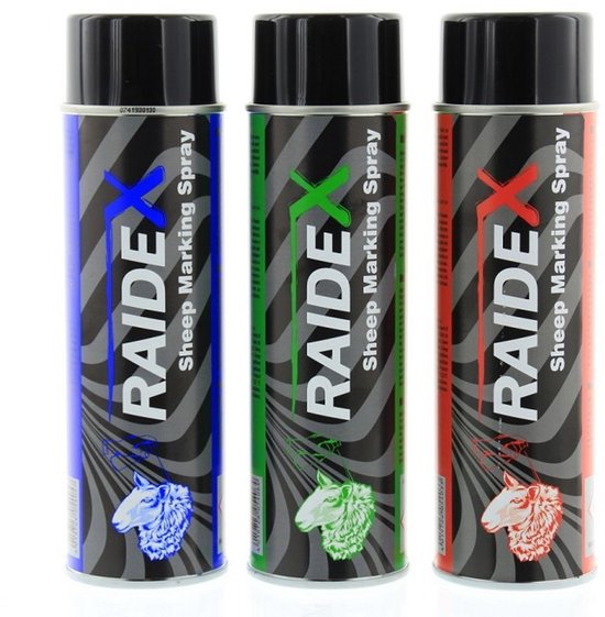 Drie spuitbussen schapenmarkeringsspray van Raidex: blauw, groen en rood, met schapenafbeelding.